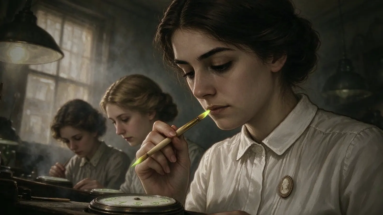 A young dial painter brings a glowing brush to her lips